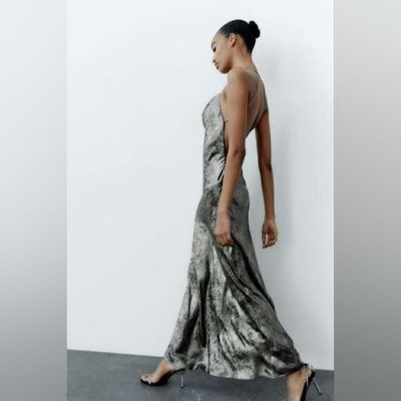 ZARA  BLOGGERS FOIL SLIP GRAY SILVER SATIN DRESS - Picture 7 of 14